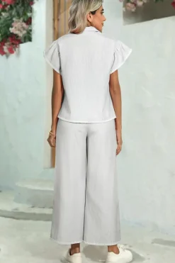 New Dear-Lover Zipped up Collar Ruffled Sleeve Tee and Wide Leg Pants 2pcs Outfit Gray Stripe
