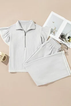 New Dear-Lover Zipped up Collar Ruffled Sleeve Tee and Wide Leg Pants 2pcs Outfit Gray Stripe