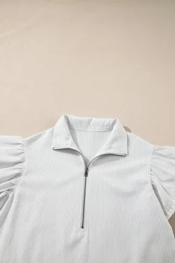 New Dear-Lover Zipped up Collar Ruffled Sleeve Tee and Wide Leg Pants 2pcs Outfit Gray Stripe