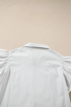New Dear-Lover Zipped up Collar Ruffled Sleeve Tee and Wide Leg Pants 2pcs Outfit Gray Stripe