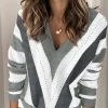 Online Dear-Lover Gray Striped Colorblock V Neck Knitted Sweater Gray-2