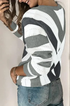 Online Dear-Lover Gray Striped Colorblock V Neck Knitted Sweater Gray-2