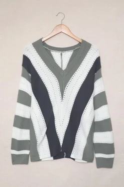 Online Dear-Lover Gray Striped Colorblock V Neck Knitted Sweater Gray-2