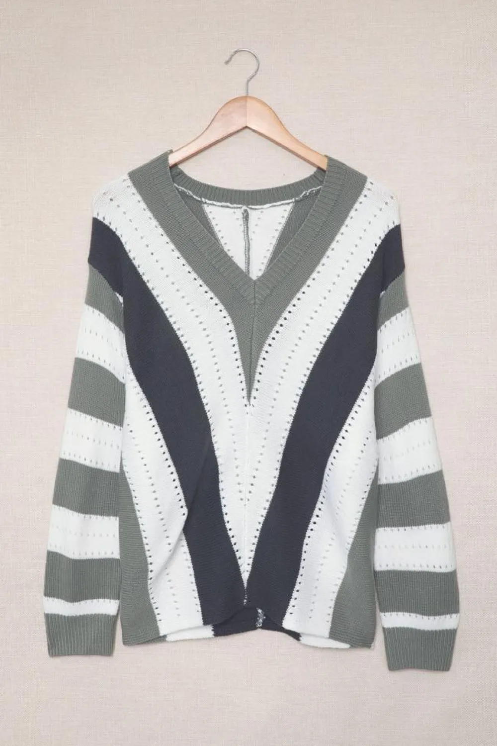 Online Dear-Lover Gray Striped Colorblock V Neck Knitted Sweater Gray-2