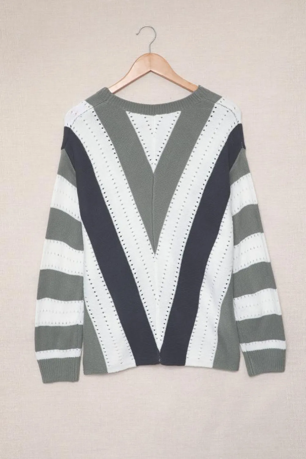 Online Dear-Lover Gray Striped Colorblock V Neck Knitted Sweater Gray-2