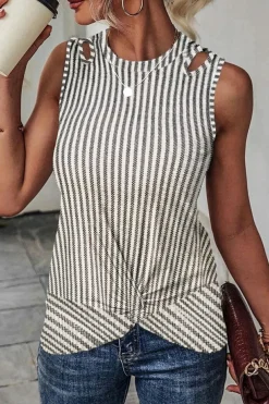 Online Dear-Lover Striped Cutout Twist Front Tank Top Gray