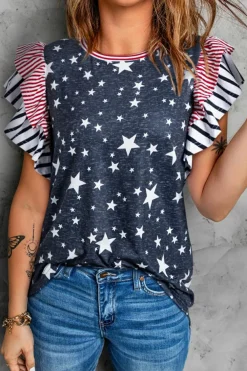 Sale Dear-Lover Striped Ruffled Sleeve Star Print T Shirt Gray