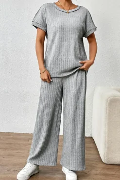Outlet Dear-Lover Striped Texture Loose Tee and Pants Set Gray