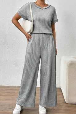 Outlet Dear-Lover Striped Texture Loose Tee and Pants Set Gray