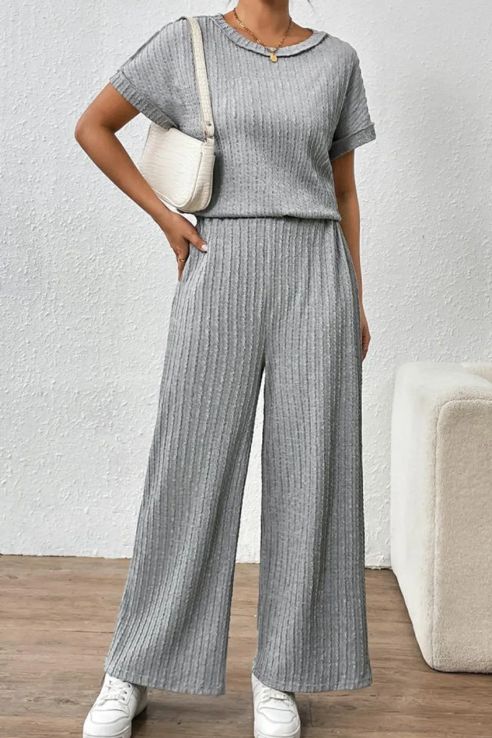 Outlet Dear-Lover Striped Texture Loose Tee and Pants Set Gray