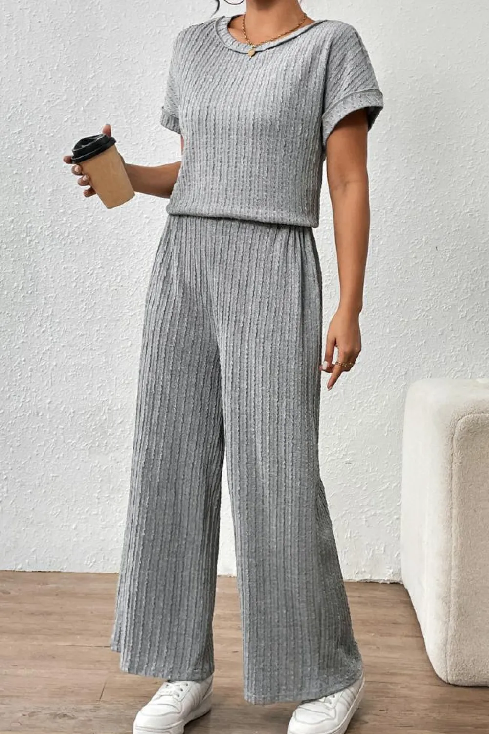 Outlet Dear-Lover Striped Texture Loose Tee and Pants Set Gray