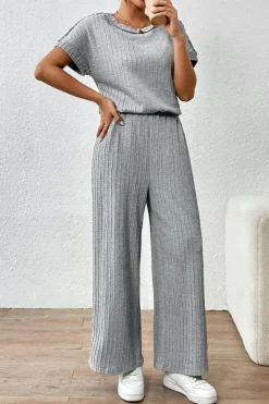 Outlet Dear-Lover Striped Texture Loose Tee and Pants Set Gray