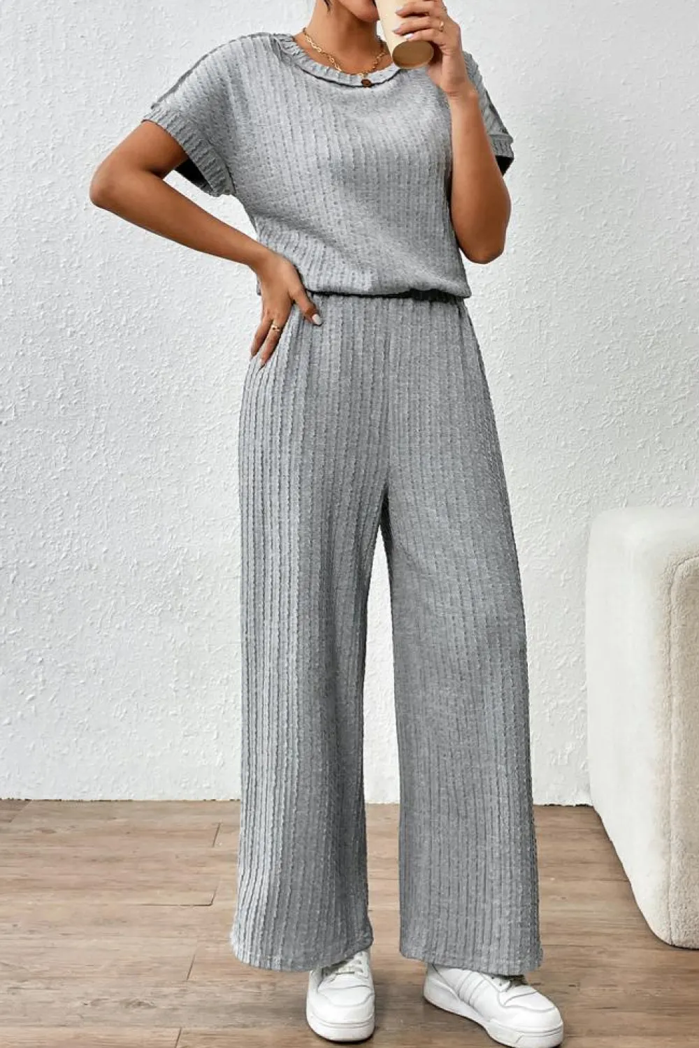 Outlet Dear-Lover Striped Texture Loose Tee and Pants Set Gray