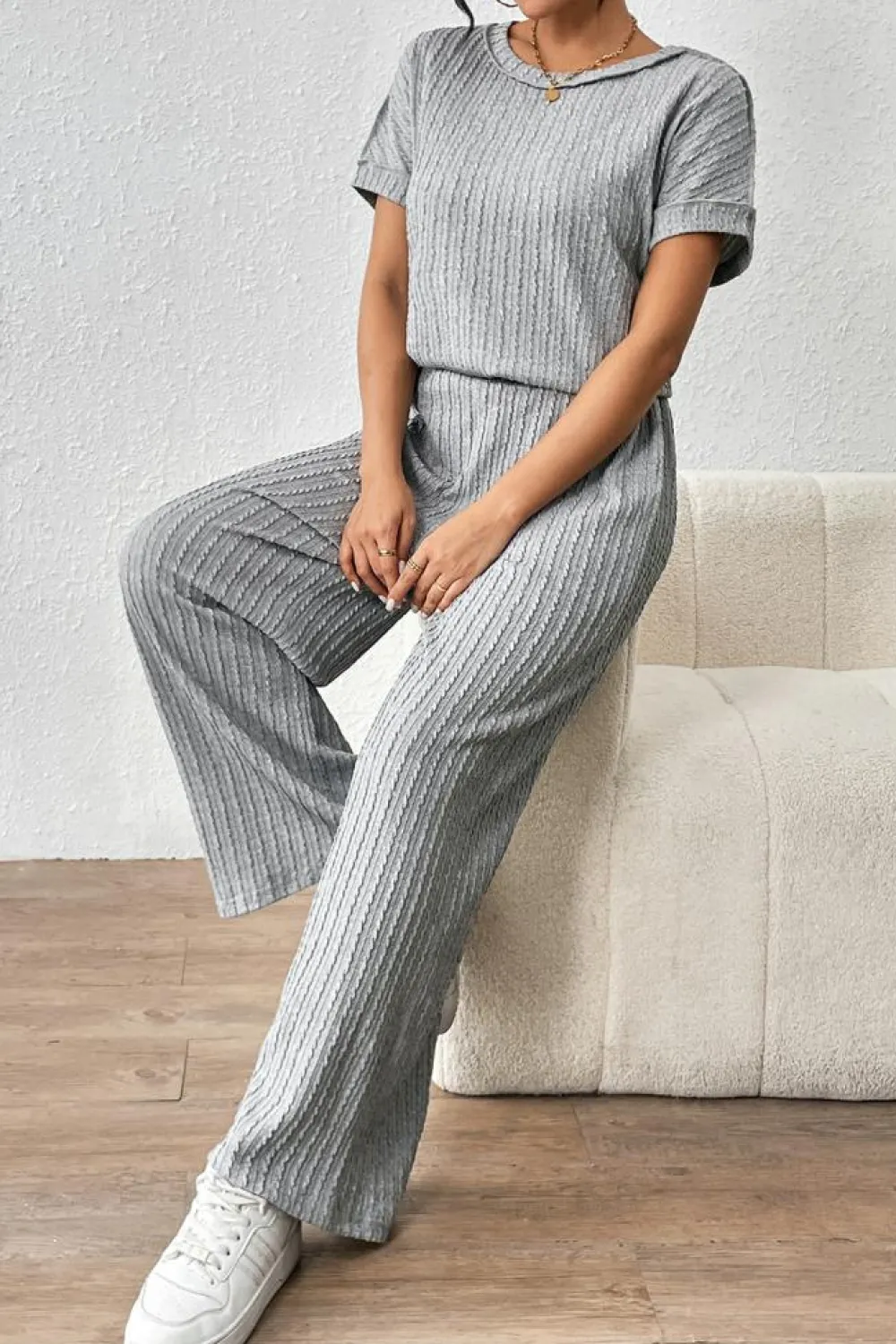 Outlet Dear-Lover Striped Texture Loose Tee and Pants Set Gray