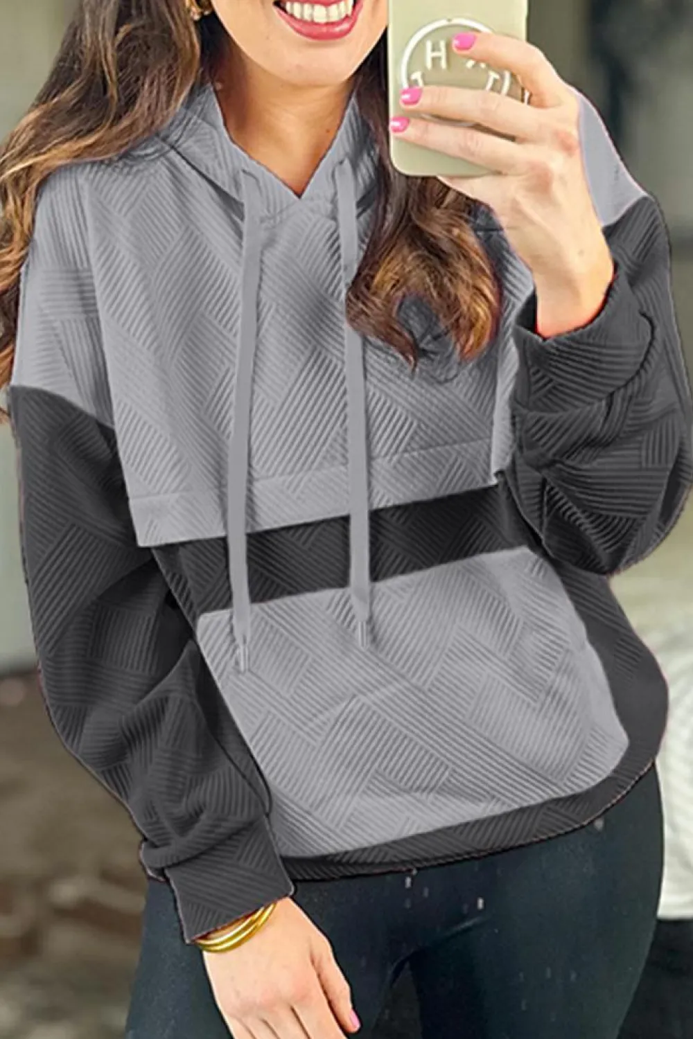 Best Dear-Lover Textured Color Block Kangaroo Pocket Drop Shoulder Hoodie Gray