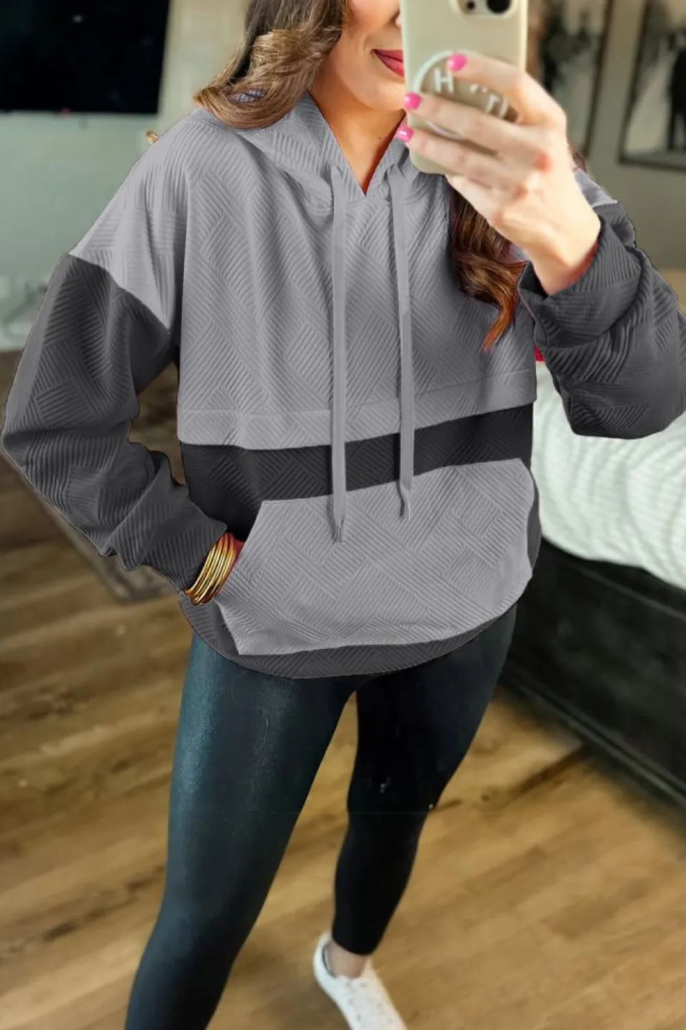 Best Dear-Lover Textured Color Block Kangaroo Pocket Drop Shoulder Hoodie Gray