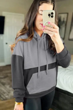 Best Dear-Lover Textured Color Block Kangaroo Pocket Drop Shoulder Hoodie Gray
