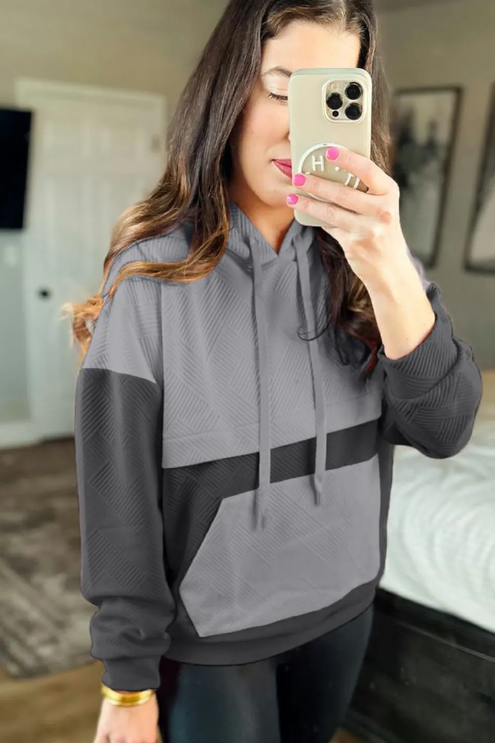Best Dear-Lover Textured Color Block Kangaroo Pocket Drop Shoulder Hoodie Gray