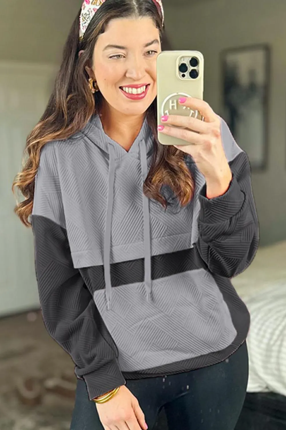 Best Dear-Lover Textured Color Block Kangaroo Pocket Drop Shoulder Hoodie Gray