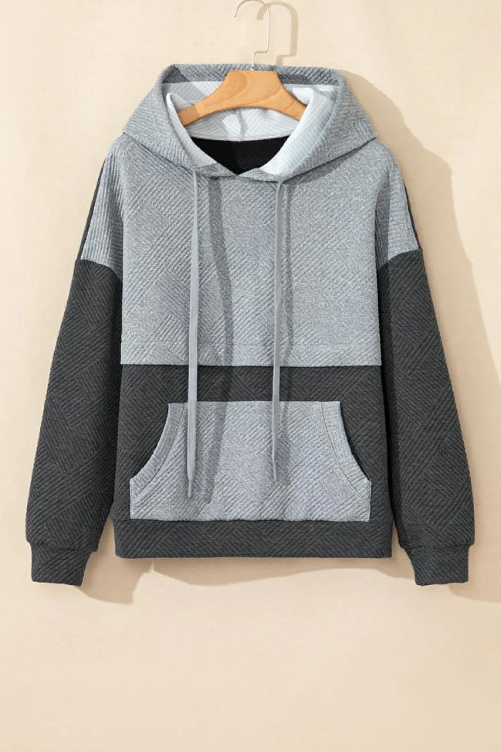 Best Dear-Lover Textured Color Block Kangaroo Pocket Drop Shoulder Hoodie Gray