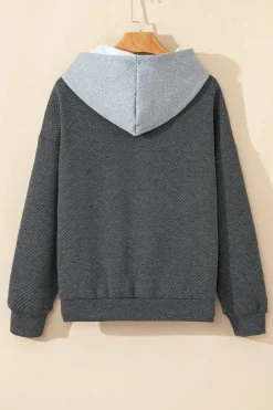 Best Dear-Lover Textured Color Block Kangaroo Pocket Drop Shoulder Hoodie Gray