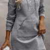 Online Dear-Lover Textured Kangaroo Pocket Drawstring Hooded Mini Dress Gray