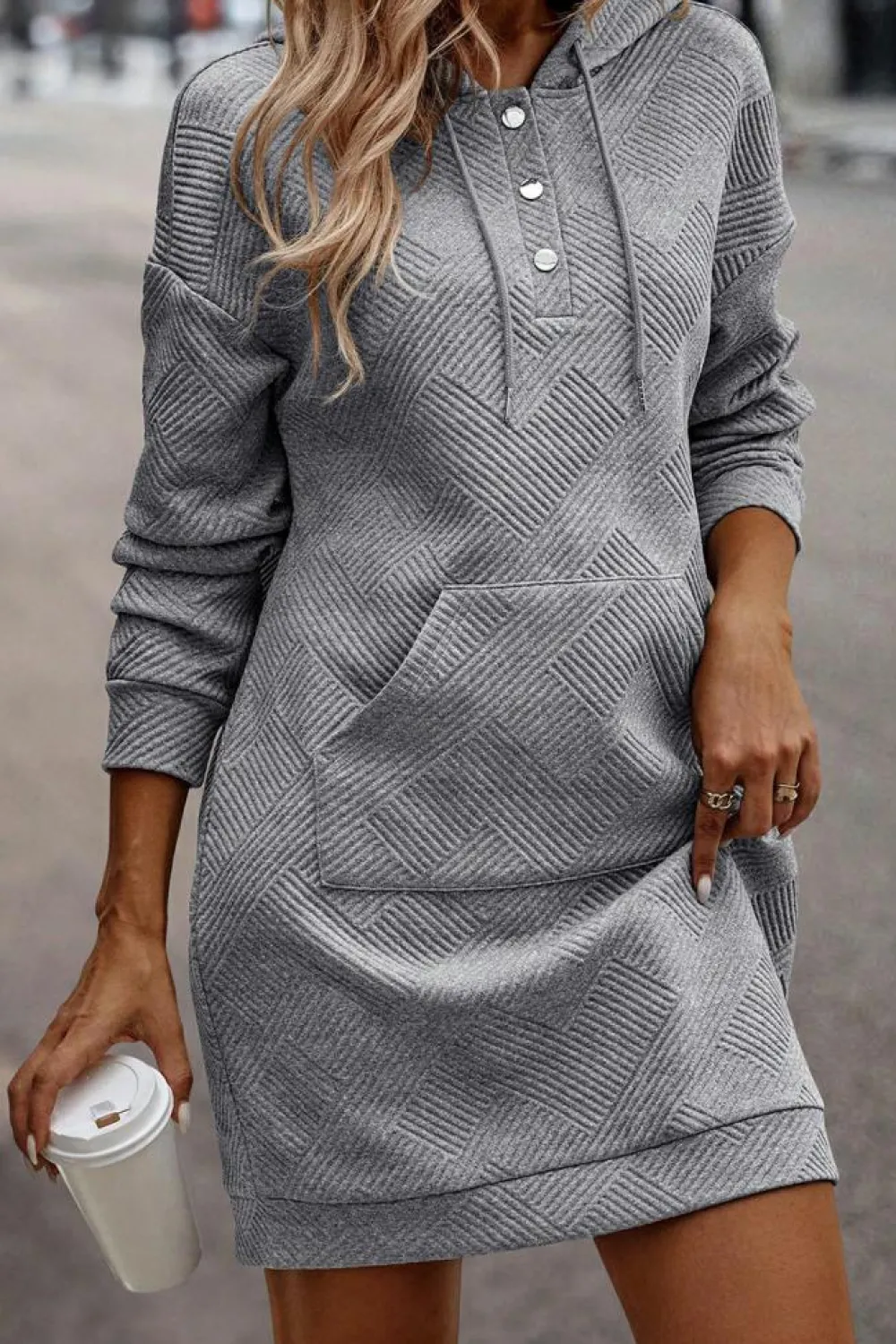 Online Dear-Lover Textured Kangaroo Pocket Drawstring Hooded Mini Dress Gray