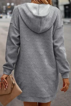 Online Dear-Lover Textured Kangaroo Pocket Drawstring Hooded Mini Dress Gray