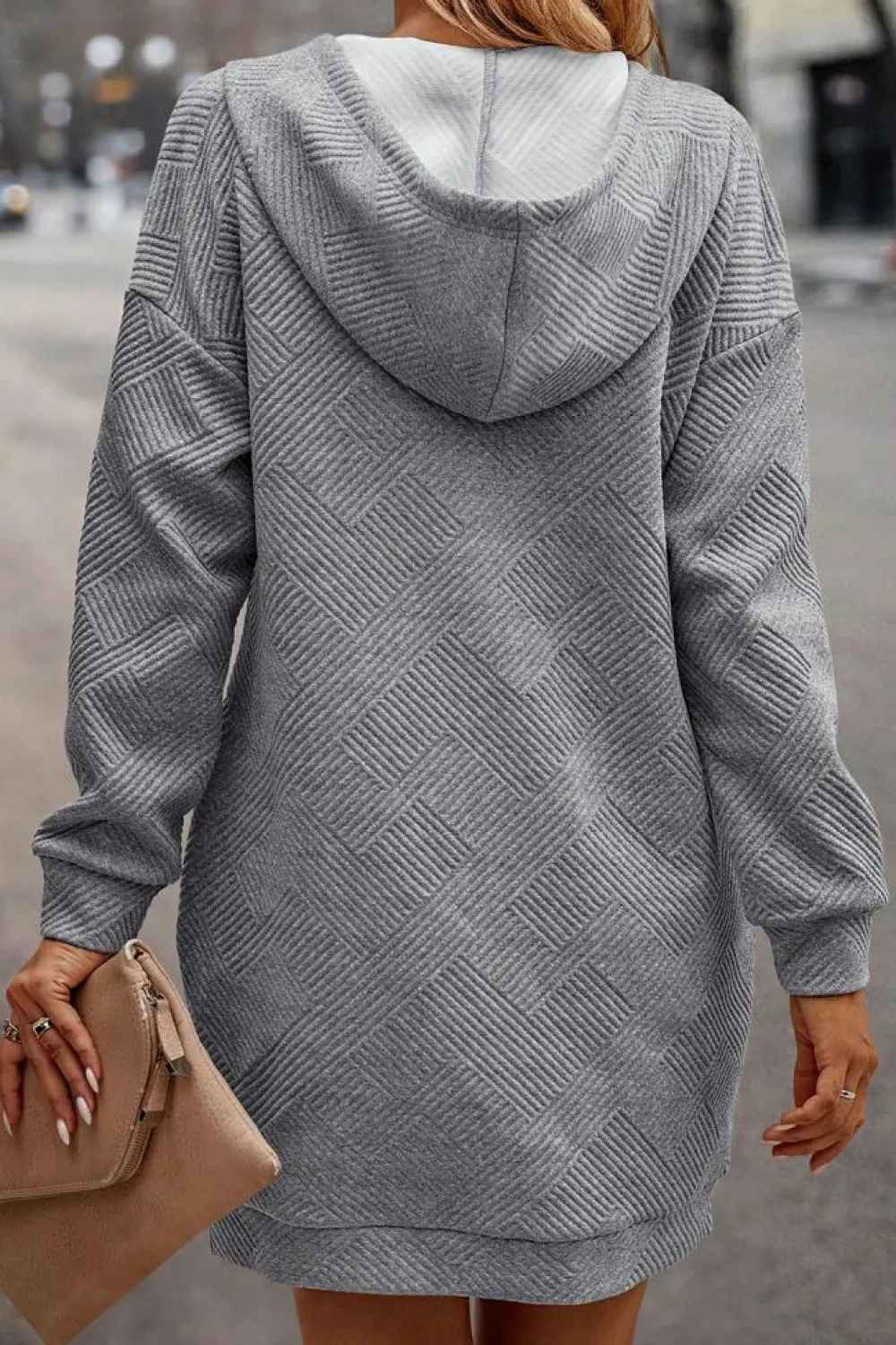 Online Dear-Lover Textured Kangaroo Pocket Drawstring Hooded Mini Dress Gray