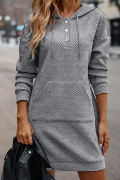 Online Dear-Lover Textured Kangaroo Pocket Drawstring Hooded Mini Dress Gray