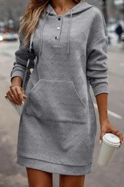 Online Dear-Lover Textured Kangaroo Pocket Drawstring Hooded Mini Dress Gray