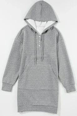 Online Dear-Lover Textured Kangaroo Pocket Drawstring Hooded Mini Dress Gray