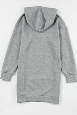 Online Dear-Lover Textured Kangaroo Pocket Drawstring Hooded Mini Dress Gray