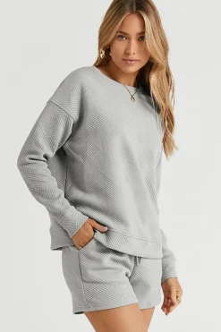 Discount Dear-Lover Textured Long Sleeve Top and Drawstring Shorts Set Gray