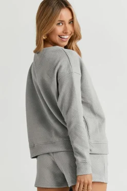 Discount Dear-Lover Textured Long Sleeve Top and Drawstring Shorts Set Gray