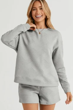 Discount Dear-Lover Textured Long Sleeve Top and Drawstring Shorts Set Gray