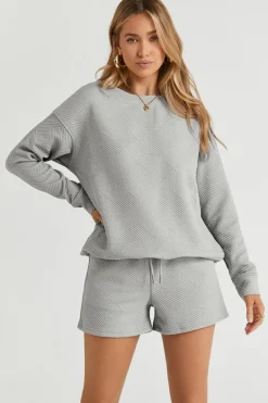 Discount Dear-Lover Textured Long Sleeve Top and Drawstring Shorts Set Gray