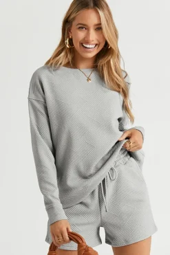 Discount Dear-Lover Textured Long Sleeve Top and Drawstring Shorts Set Gray