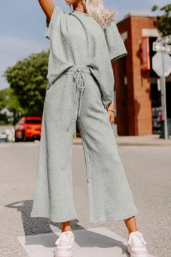 Best Dear-Lover Textured Loose Fit T Shirt and Drawstring Pants Set Gray