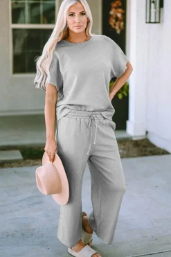 Best Dear-Lover Textured Loose Fit T Shirt and Drawstring Pants Set Gray