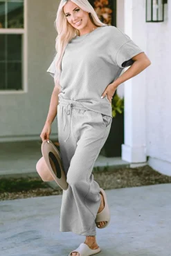 Best Dear-Lover Textured Loose Fit T Shirt and Drawstring Pants Set Gray