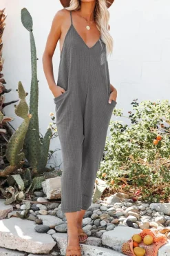 New Dear-Lover Textured Sleeveless V-Neck Pocketed Casual Jumpsuit Gray