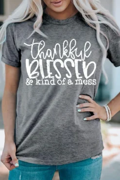 Discount Dear-Lover Thankful Blessed & Kind of a Mess Graphic Tee Gray