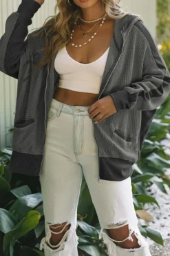 Sale Dear-Lover Thermal Waffle Knit Full Zipper Hooded Jacket Gray