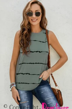 Fashion Dear-Lover Tie-dye Stripes Round Neck Tank Top Gray