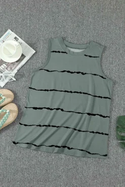 Fashion Dear-Lover Tie-dye Stripes Round Neck Tank Top Gray