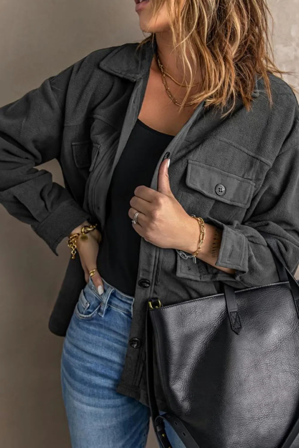 Outlet Dear-Lover Turn Down Collar Buttoned Shirt Jacket Gray