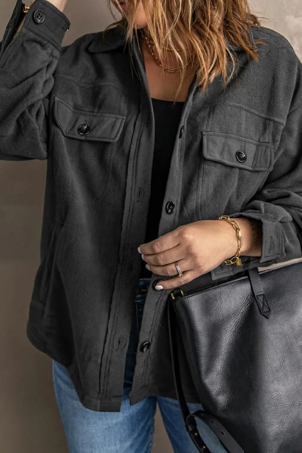 Outlet Dear-Lover Turn Down Collar Buttoned Shirt Jacket Gray