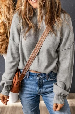 Online Dear-Lover Turtleneck Drop Shoulder Bubble Sleeve Knit Sweater Gray