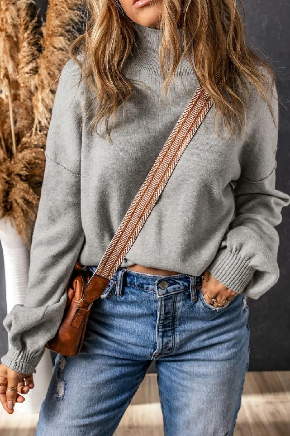 Online Dear-Lover Turtleneck Drop Shoulder Bubble Sleeve Knit Sweater Gray
